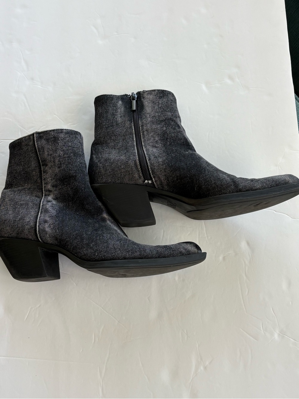 Zara Western Black Distressed Denim Ankle Booties with Block Heel - 38